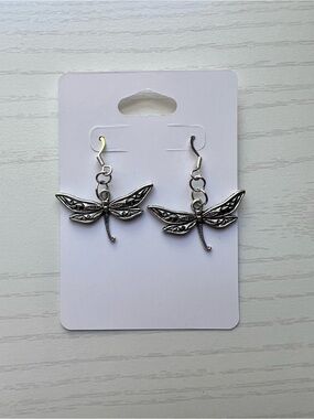 Dragonfly Charm Dangle Artisan Earrings - Silver Tone